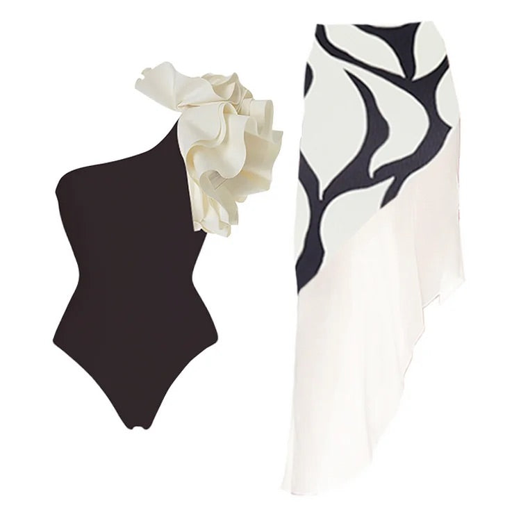 Maillot de bain une pièce à volants et jupe asymétrique 