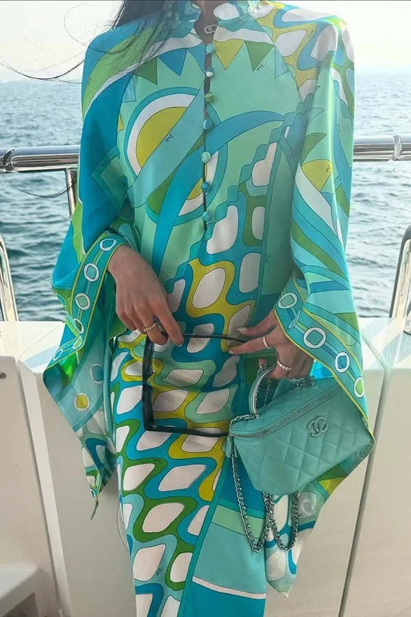Narah Satin Unique Print Stand Neck Buttons Butterfly Sleeves Kaftan Maxi Dress