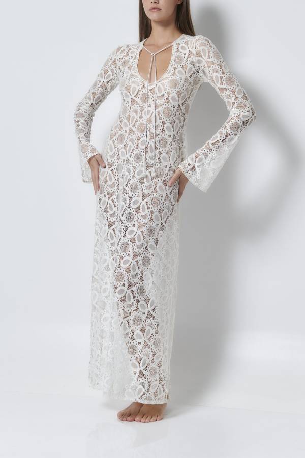 Robe longue fendue à manches longues en dentelle florale motif coucher de soleil Santorini 