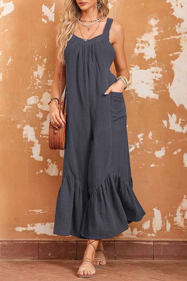 Grey Solid Color Sleeveless Flare Leg Jumpsuit with Pockets