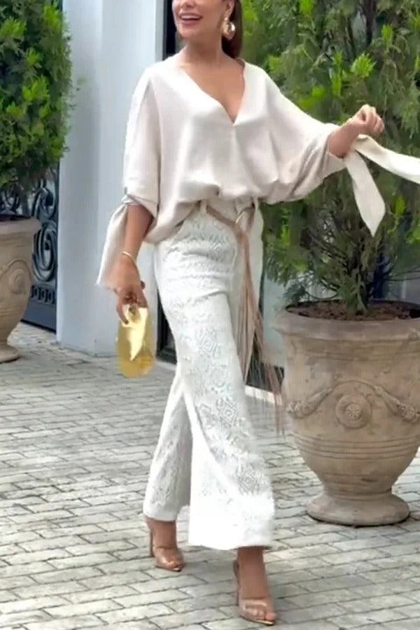 Joyful Bond Crochet Lace Mid Rise Pocketed Wide-leg Pants