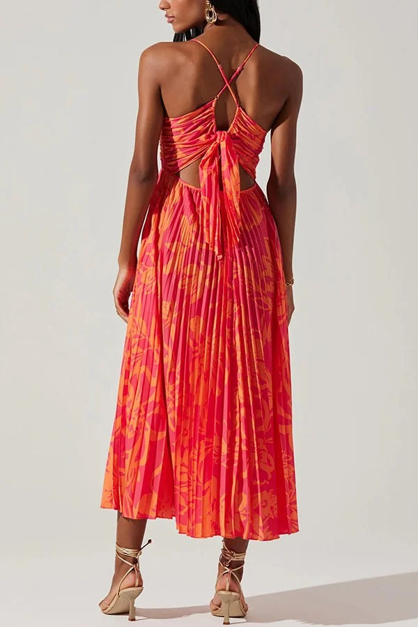 Robe mi-longue plissée à imprimé floral et à nouer dans le dos pour la saison des fêtes de mariage