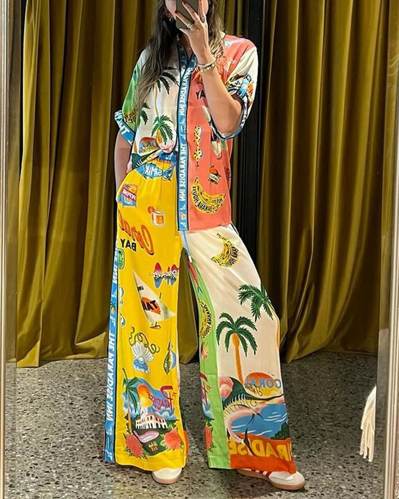 Contrast Color Holiday Style Print Two Piece Set