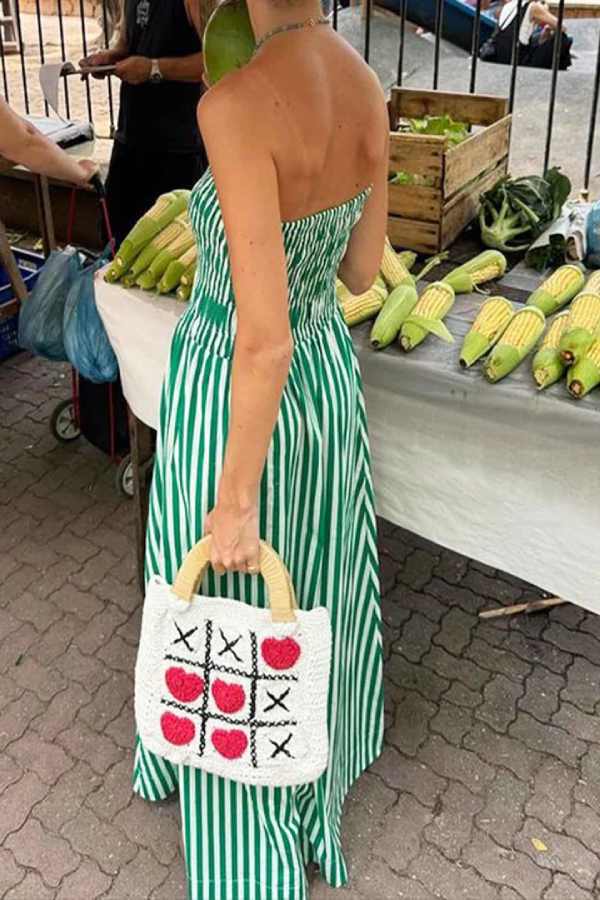 Ärmelloses, schulterfreies, elastisches, plissiertes Maxikleid im Retro-Stil