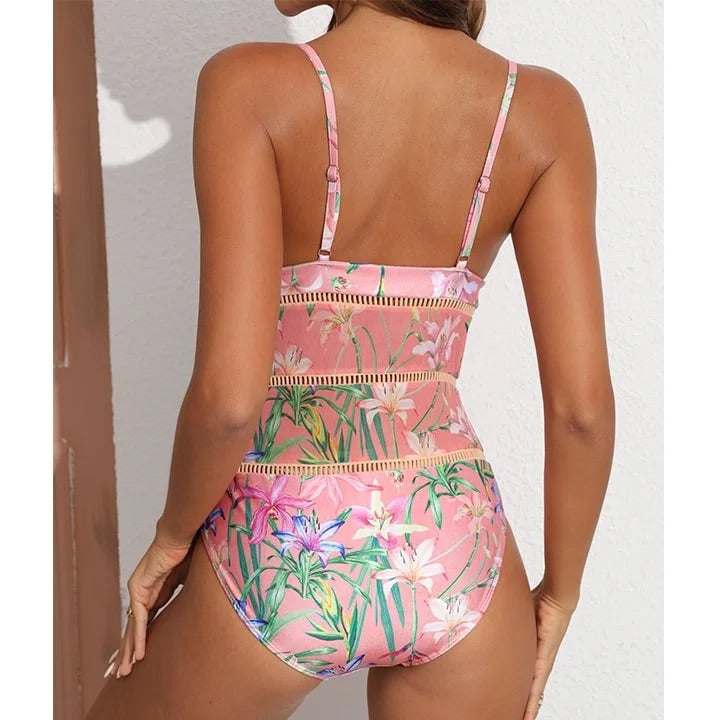 swimgirls Einteiliger Badeanzug mit V-Ausschnitt und Blumenmuster und Sarong aus Netzstoff 
