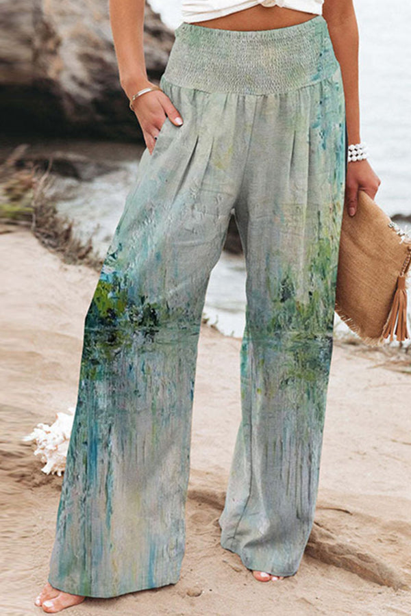 Finn Printed High Rise Smocked Waist Pocketed Wide Leg Pants