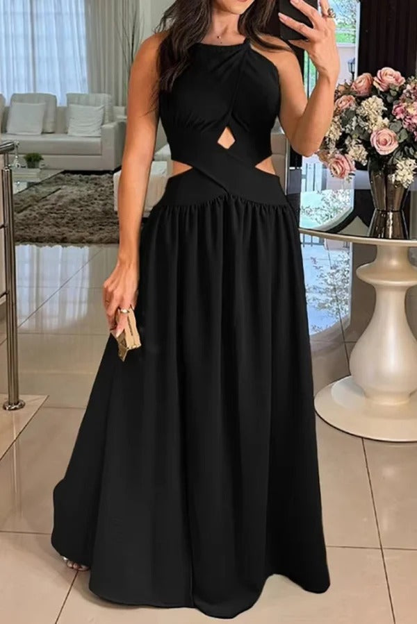Robe longue dos nu sexy à nouer croisé de couleur unie