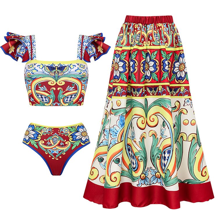 Maillot de bain et jupe bikini imprimés à volants 