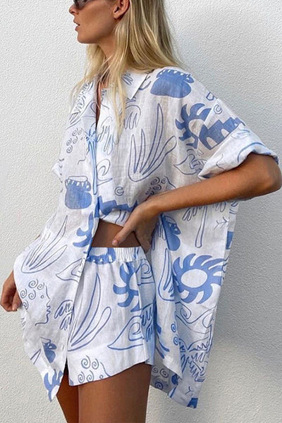 Quiet Beach Linen Blend Printed Oversized Blouse and Elastic Waist Shorts Set