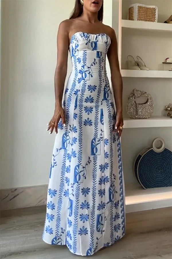 Robe longue bustier froncée à imprimé floral et vagues en lin mélangé Freya