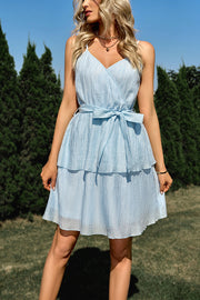 Casual solid color V-neck tie-waist suspender dress