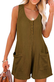 Summer Camping Waffle Fabric Button Up Pocketed Loose Romper