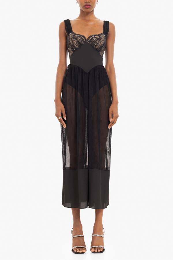 Romantic and Modern Lace Tulle Patchwork Waisted Midi Dress