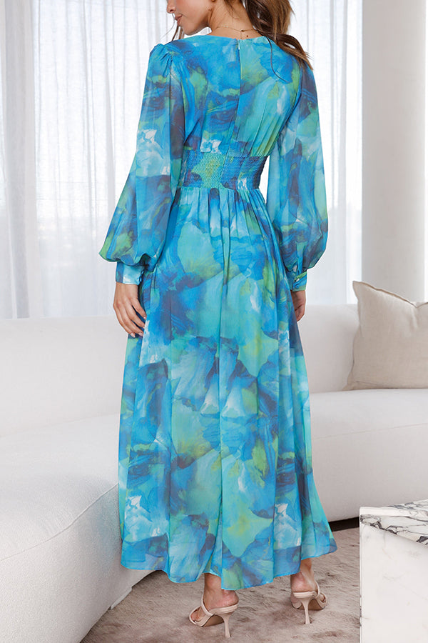 Kayla Blue Floral Bubble Long Sleeve Maxi Dress