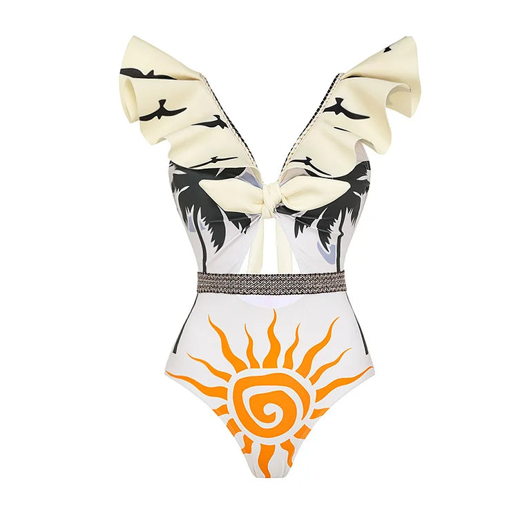 Maillot de bain une pièce à lacets et col en V avec volants et chaîne imprimée 