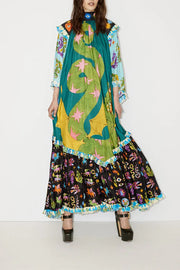 LIVING DRAMA UNIQUE PRINT CONTRAST RUFFLE TRIM BELL SLEEVE LOOSE MAXI DRESS