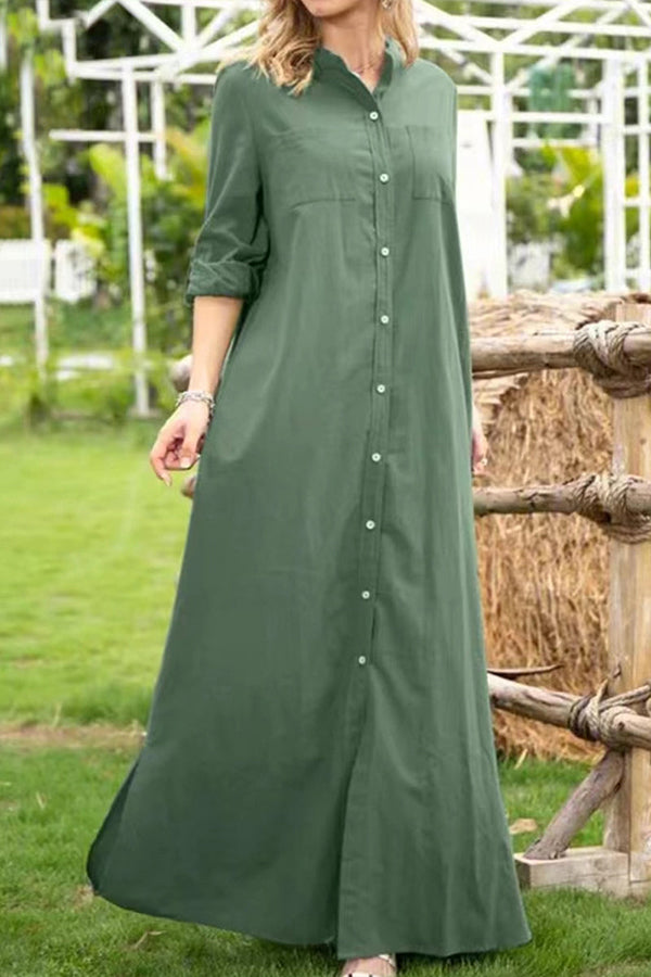 Casual Solid Buttons Mandarin Collar A Line Dresses