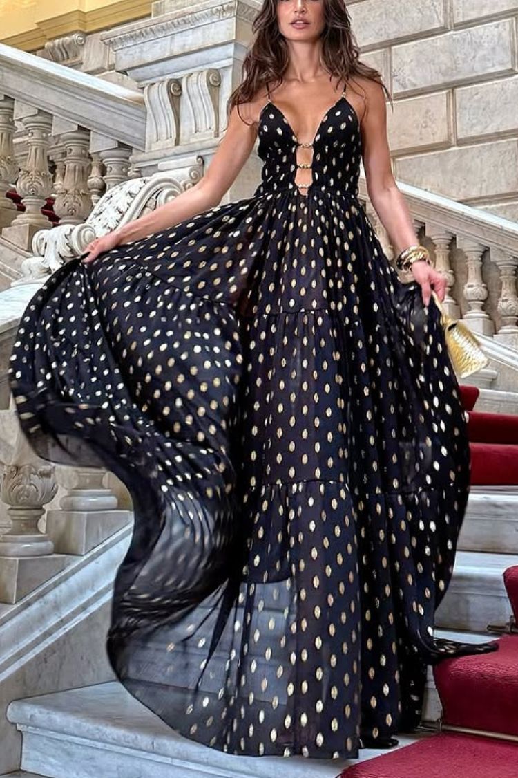 Robe longue légère en mousseline de soie à imprimé pois dorés et découpes