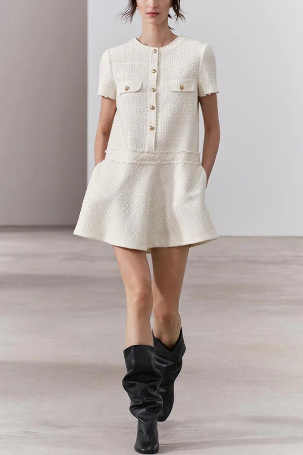 1960er London Girl Tweed Strukturiertes Minikleid mit goldenen Knöpfen und kurzen Ärmeln