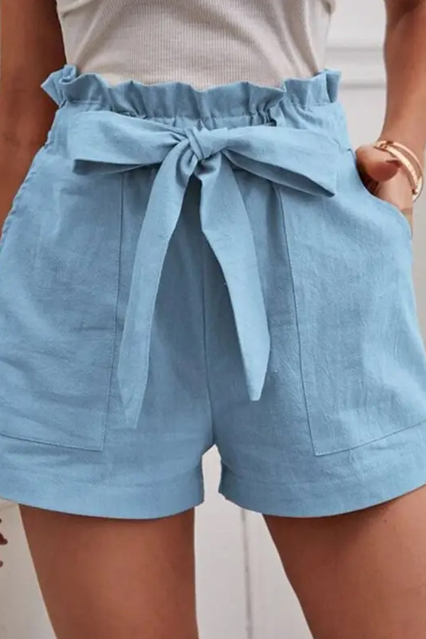 Casual Loose Solid Color Elastic Waist Tie Shorts