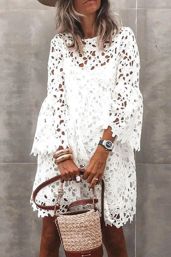 Pretty Presence Floral Crochet Lace Bell Sleeve Mini Dress