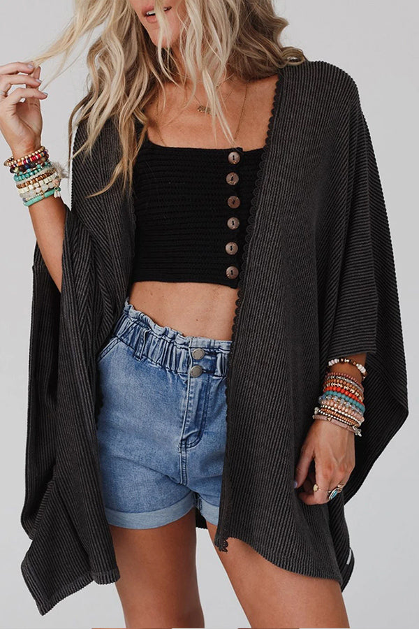 Textured Lace Trim Open Front Kimono Cardigan