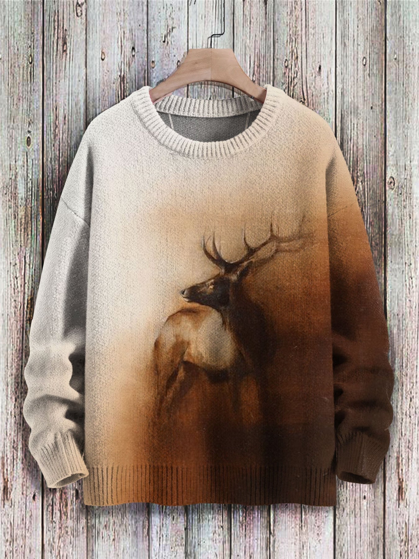 Deer Art Print Knit Pullover Sweater