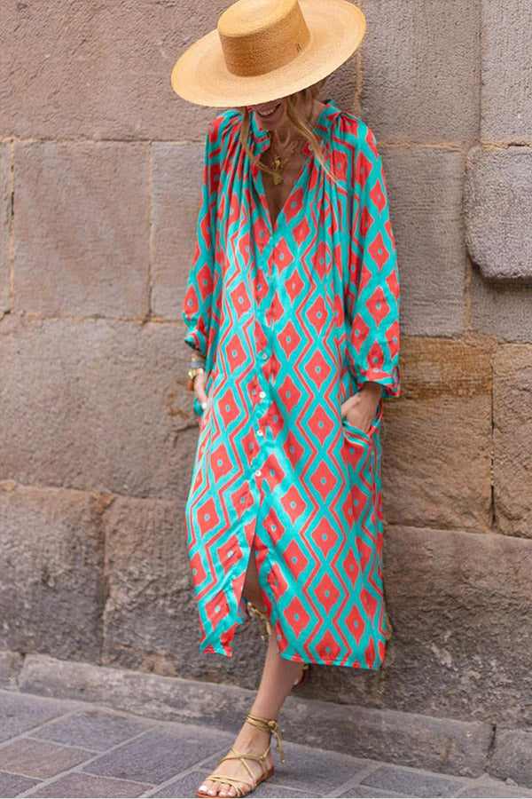 Sky Blue Geometric Print Split Neck Loose Shirt Dress