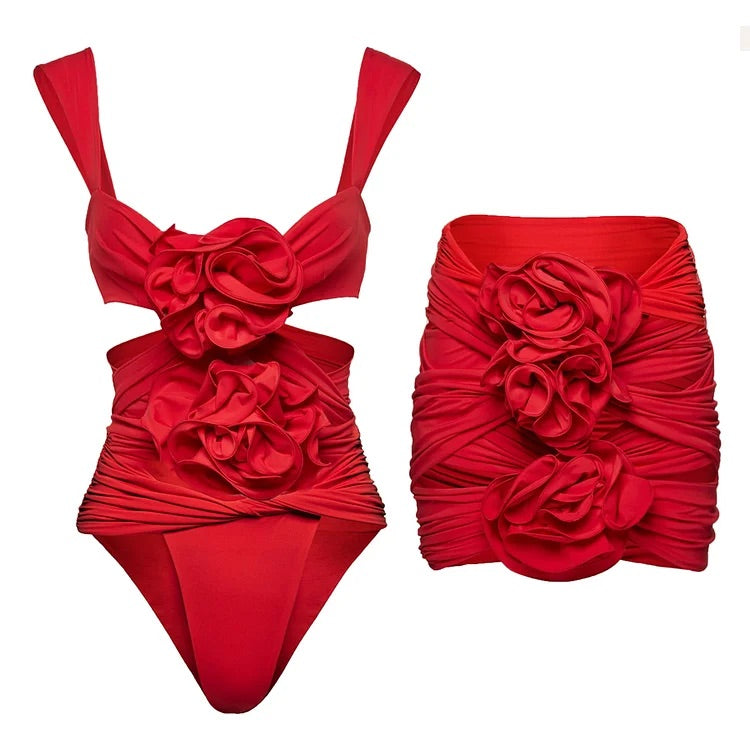 Maillot de bain une pièce et jupe rouge à fleurs 3D Swimgirls 