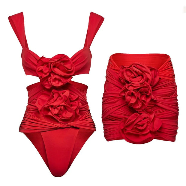 swimgirls Red 3D Flower Cutout One Piece Swimsuit and Skirt