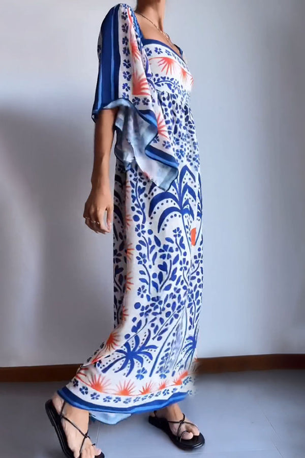 Blue bell sleeve printed loose dress