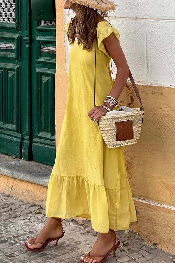 Ärmelloses V-Ausschnitt Casual Patchwork Kleid mit Rüschen 