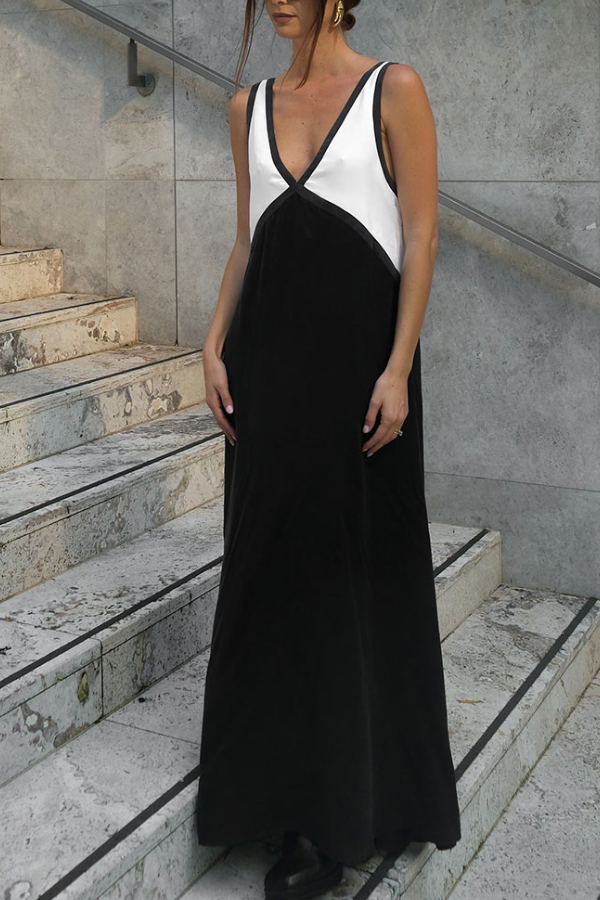 Robe chic à col en V et couleurs contrastées