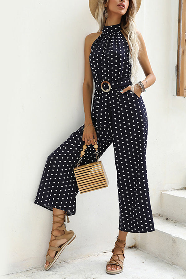 Trendy belt with polka-dot halter neck suspenders wide-leg black jumpsuit