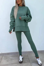 Solid Color Loose Long Sleeve SlitSweatshirt and Elastic Waist Tight Pants Set