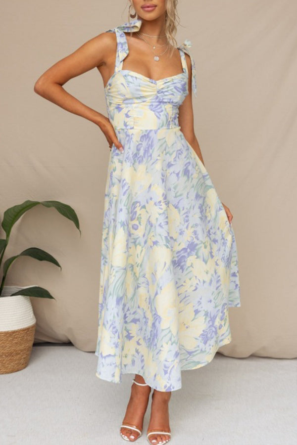 Slim fit slim waist V-neck suspender print mid-length dress