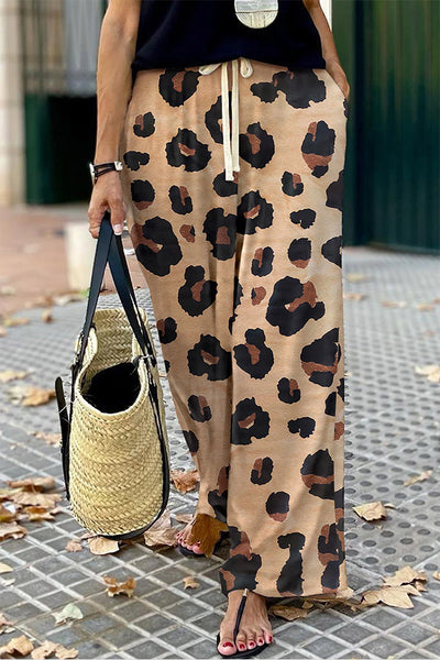 Leopard Casual Drawstring Wide Leg Pants