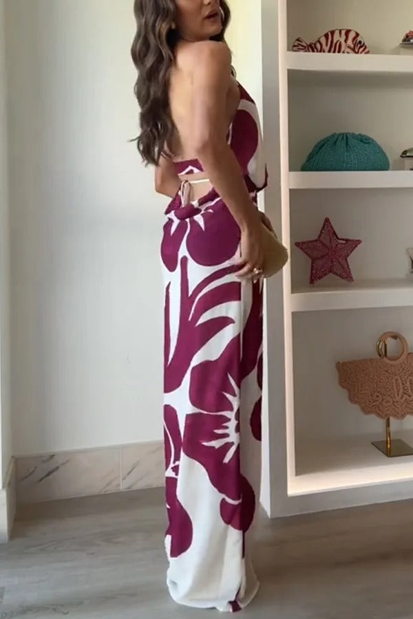 Robe longue dos nu à imprimé fleuri Leslie, col bénitier et découpes