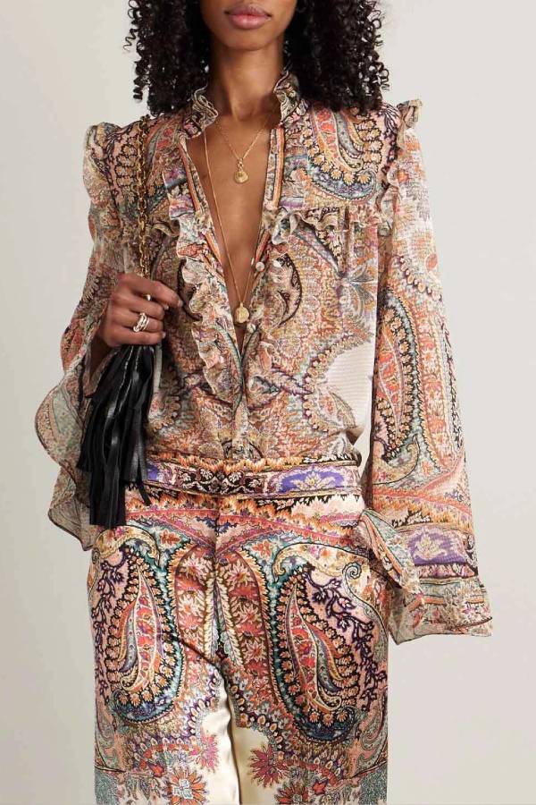 Exquisite Vintage Paisley Print Ruffled Shirt