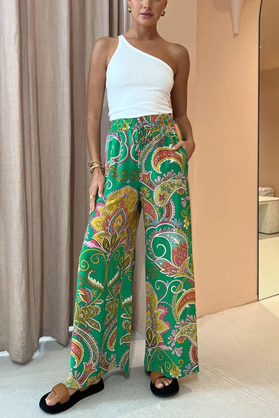 Blaise Satin Paisley Print Elastic Waist Pocketed Wide Leg Pants