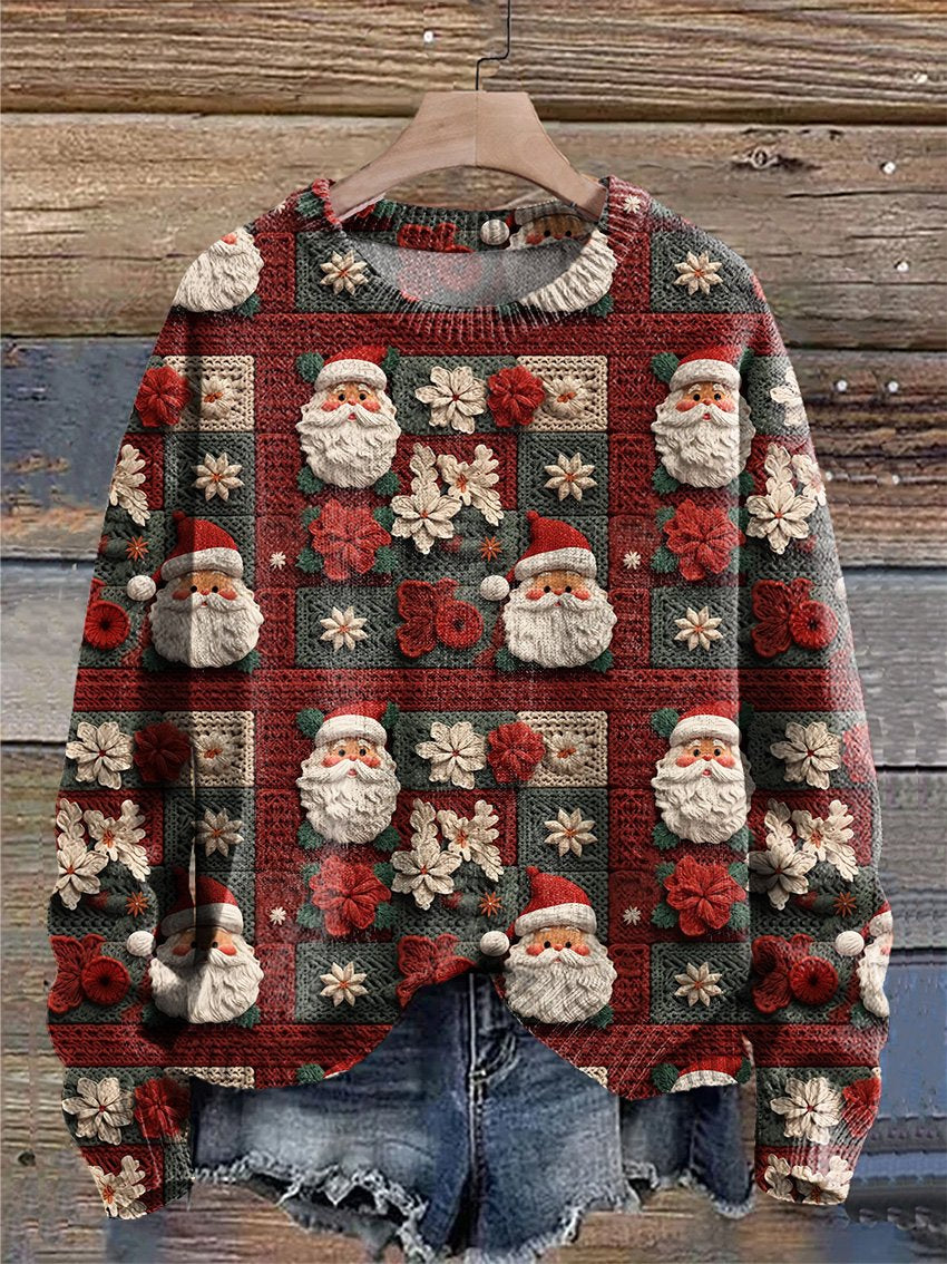 Vintage Christmas Seamless Pattern Print Casual Knit Pullover Sweater