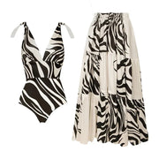 V Neck Line Printed One Piece Swimsuit and Skirt