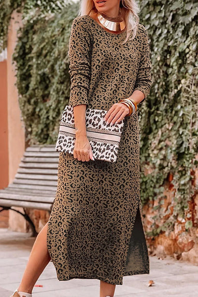 Leopard Round Neck Long Sleeve Split Maxi Dress