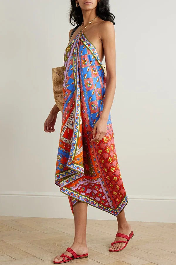 Artistic Girl Asymmetric Unique Print Chain Halter Draped Scarf Midi Dress