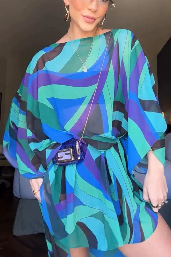 Tamia Sheer Unique Print High Low Hem Loose Kaftan Maxi Dress