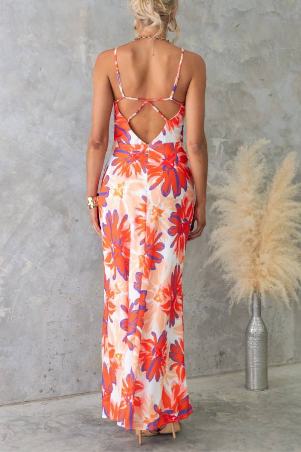 Botanical Print Sexy Sleeveless Open Back Maxi Dress