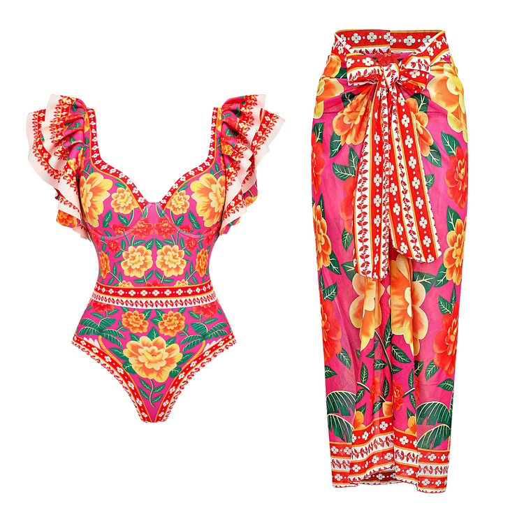 Maillot de bain une pièce à volants et imprimé contrasté et paréo 