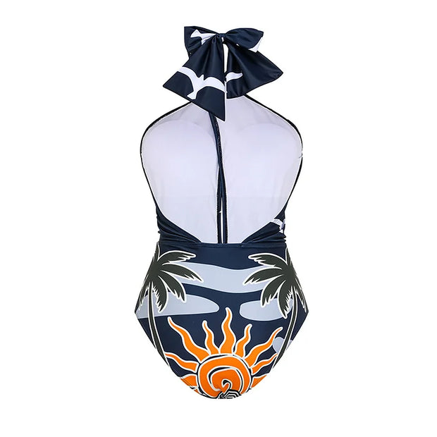 Halter Printed Lace Up One Piece Swimsuit and Skirt