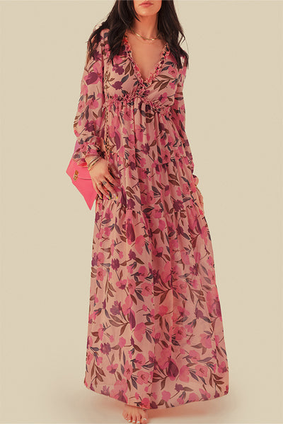 Pastel Red Floral Print Ruffle Trim Plunge Neckline Maxi Dress