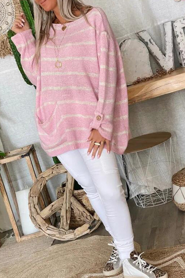 Solid Color Contrast Stripe Pullover Round Neck Loose Sweater